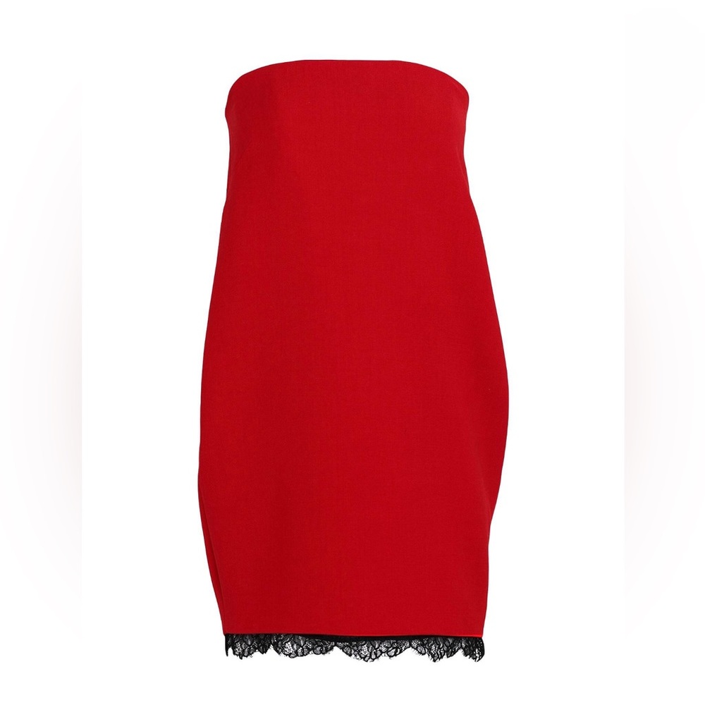 Strapless red mini dress with black lace trim- women’s 6